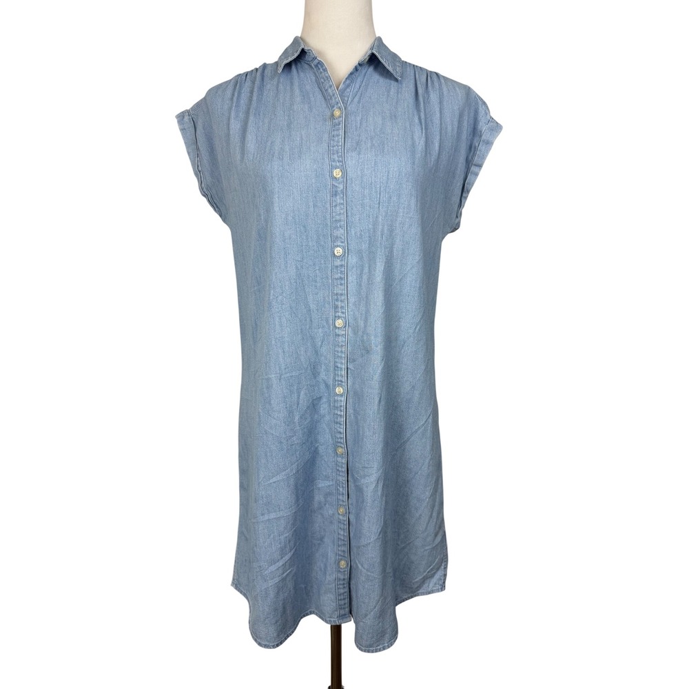 Old Navy Women 100% Cotton Shirt Dress S Blue Chambray Button Front Cap Sleeve